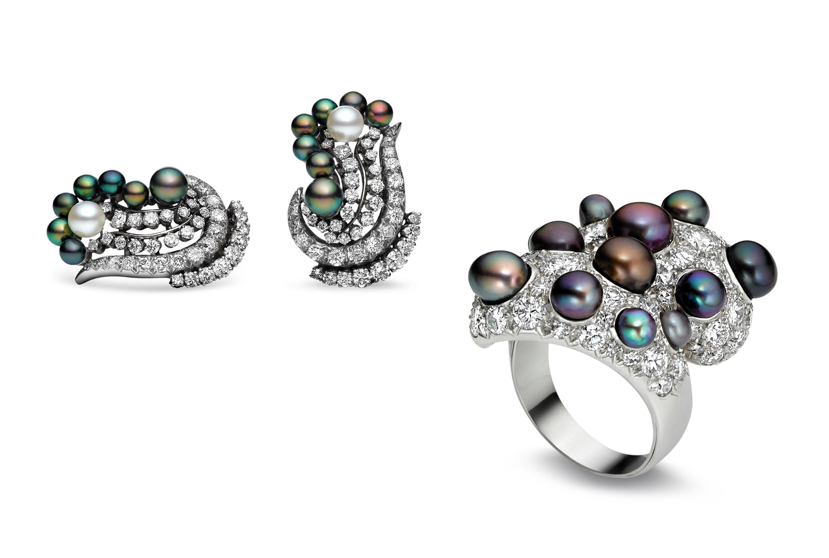 Estate Jewelry Photography NYC - Pearl & Diamond Ring & Earring Suite