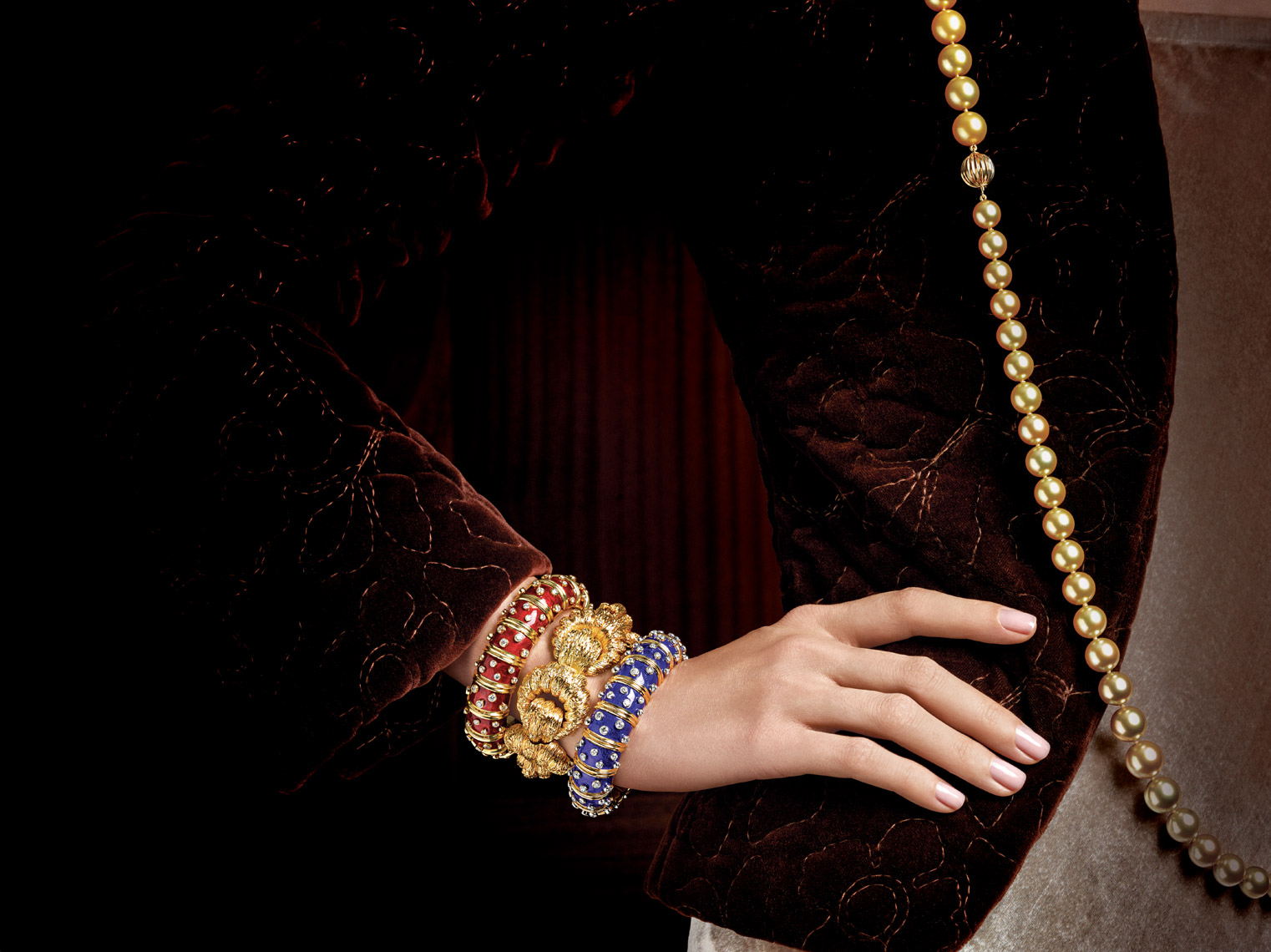 Jewelry Photography on Model - Macklowe Yellow Gold  Bracelet and Pearls